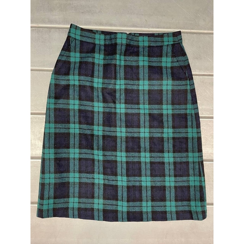 Lands End Plaid Skirt Womens 4 Green Wool Blend Knee Length